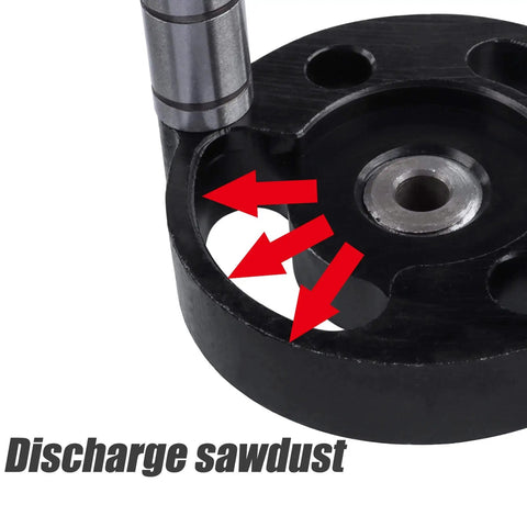 Close-up of Self Centering Doweling Jig for straight holes, showing discharge sawdust feature and adjustable drill guide.
