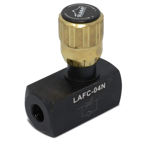 Hydraulic In Line Adjustable Variable Flow Control Valve With Free Rev Flow One Quarter Inch NPT, black body with brass knob