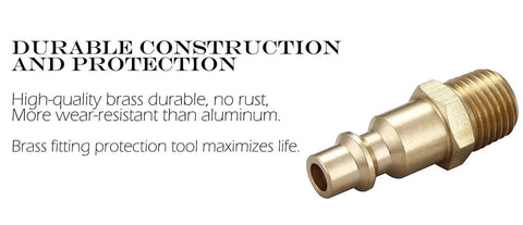 Brass air hose quick-connect plug with 1/4-in MNPT male thread; solid brass construction.