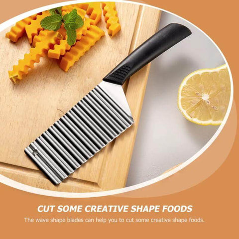Crinkle Cut Fry Cutter Set Stainless Steel Wavy Blade 2 Piece Slicer on cutting board with carrot