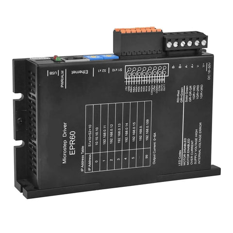 EPR60 Nema 23 Stepper Motor Driver with Ethernet Fieldbus, showing ports for Modbus TCP Protocol and data rates for industrial control.