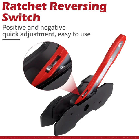 Brake caliper compression tool with magnetic plates and 360° ratchet, red handle; hanger hooks for six-piston calipers