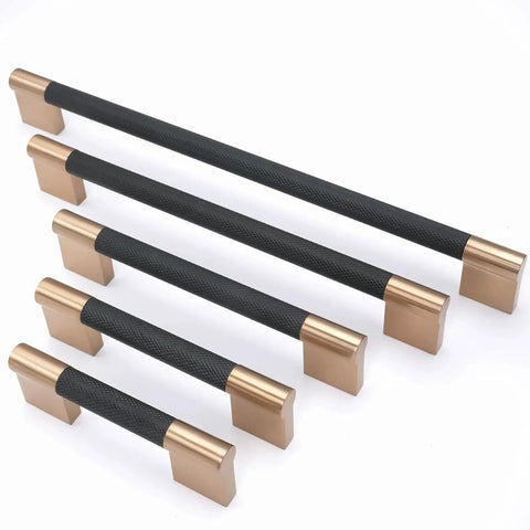 Ten Pack Knurled Cabinet Handles Center To Center Five Inch Black And Champagne Copper Kitchen Cabinet Hardware displayed in varying sizes.