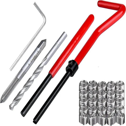 30 Piece Thread Repair Kit Must Have With M5X0.8mm Thread Inserts Includes Helicoil Insertion Tool Lug Breaker Installation Tool Wrench Thread Tap And Drill Bit For Restoring Stripped Holes In Auto Motorcycle Machinery And Home Projects featuring red insertion tool, silver thread tap, drill bit and stainless steel inserts.