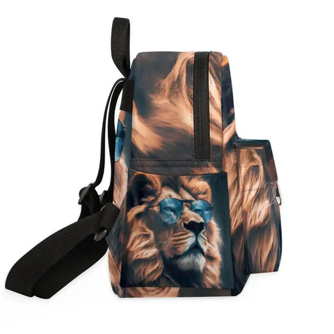 Side view of a Mini Backpack Purse For Women Cute Small Daypack Soft Shoulder Bag with lion print, adjustable straps, and pockets