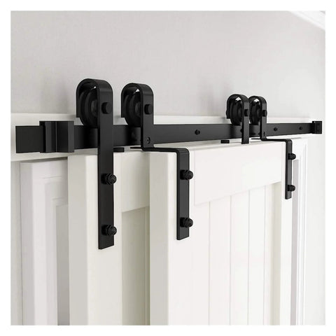 Bypass Sliding Barn Door Hardware Kit For Double Doors, J-Shaped Rollers, Heavy-Duty Steel Track, Matte Black Finish