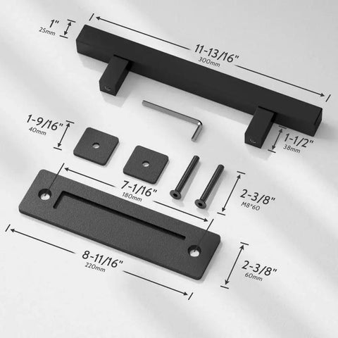 2 Pack 12 Inch Barn Door Handles With No Gap Flat Plate Design Heavy Duty Square Matte Black Sliding Barn Door Pull Handles Easy To Install Upgrade Back Plate Welded For Seamless Fit with dimensions and components displayed