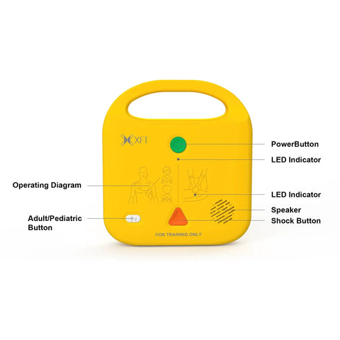 Yellow AED Trainer And Defibrillator Training Device With Multilingual Prompts In English Italian French Spanish Front View
