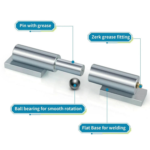 Heavy Duty 7 Inch Barrel Gate Hinges For Weld On Swing Gates And Trailer Lift Gates With 4400 Lb Capacity Zinc Plated AISI 1045 Steel CNC Machined For Strength Rust Resistant Includes 2 Sets Skelang with grease fittings and ball bearing for smooth rotation