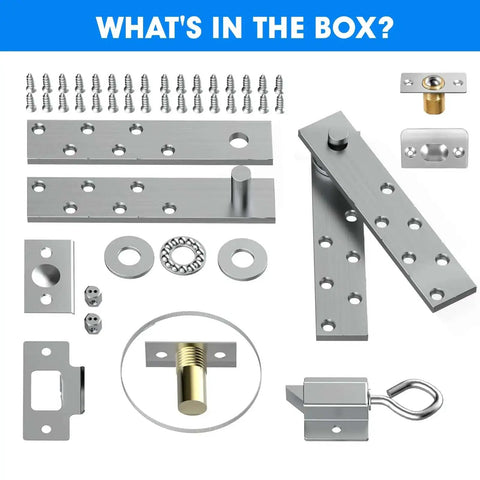 Pivot Door Hinges Heavy Duty Stealthy Hidden Hinge Kit components laid out, showing stainless steel parts and screws for secret doors.