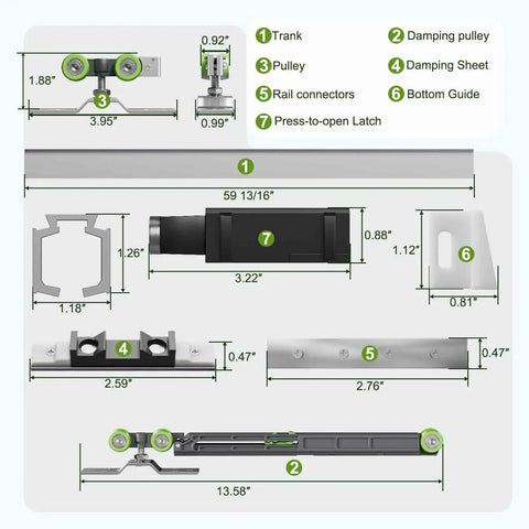 Pocket Door Track Kit With Soft Close And Soft Open For 5 Ft, 5.3 Ft And 8 Ft Doors, Heavy Duty Aluminum Construction diagram
