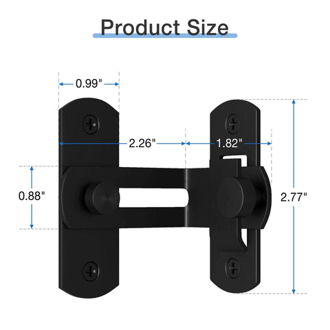 Sliding Barn Door Lock With 90 Degree Flip And 360 Degree Rotation, front view showing dimensions, heavy duty black metal finish.