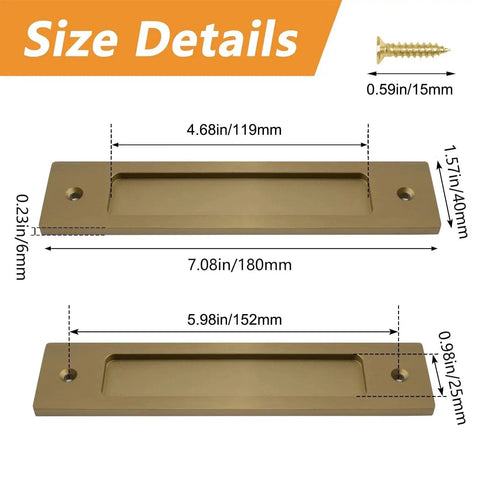 Size details for Rectangular Recessed Sliding Door Pulls 2 Pack Champagne Gold Flush Pull Aluminum Alloy Closet Door Finger Pulls