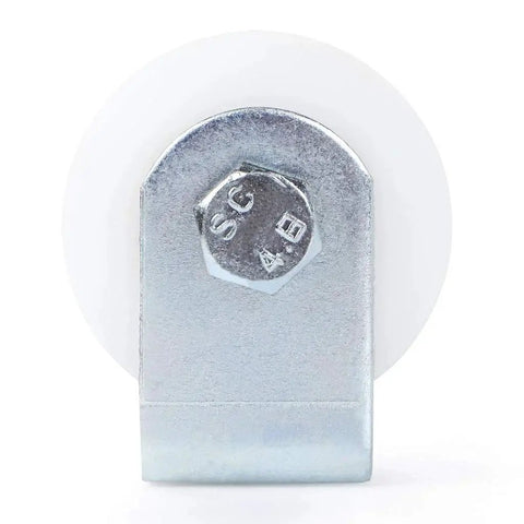 Front view of Slide Gate Guide Roller 3 Inches With UHMW Nylon Wheel And Post Welded Bracket, Heavy Duty Sealed Ball Bearing.