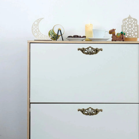 2-Pack 6 Inch Antique Drawer Pulls With 3.43 Inch Hole Spacing Hollow Pattern Zinc Alloy Decorative Cabinet Handles on white dresser