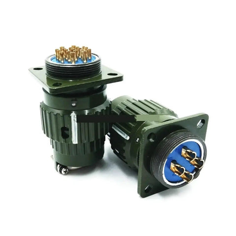Y2M Series Y28M US Military Standard Connector Sockets in dual pin configuration, showing rugged design for aviation and industrial use.