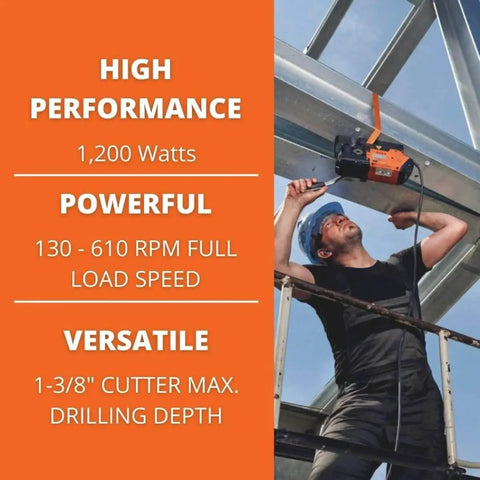 Worker using Magforce 90 Magnetic Base Drill With Brushless Motor For Hard To Reach Areas In Metal on overhead steel beam
