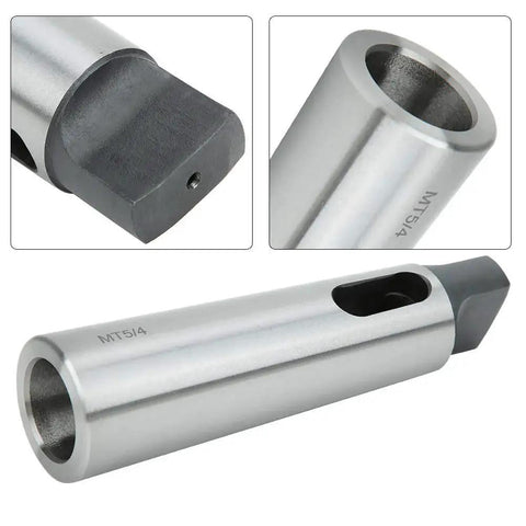 Taper reducing adapter sleeve MT5 to MT4, high-speed steel, front view
Taper reducing adapter sleeve MT5 to MT4, long cylindrical body, side view
Close-up of adapter end, square drive and small hole in dark cap