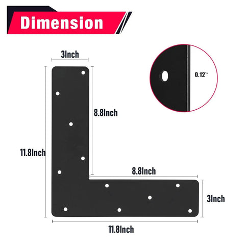 Dimensions of Heavy Duty L Shape Bracket Set, 4 Pcs 12x12 Mending Plates with Black Powder Coat shown with 0.12" thickness
