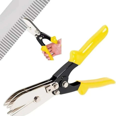 Heavy Duty Gutter Crimper And Duct Crimping Tool With Five Cutter Design For 24 To 28 Gauge Ductwork and Venting, yellow handles, close-up