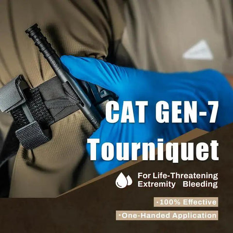 Blue gloved hand using CAT GEN-7 tourniquet from Tactical IFAK Trauma Kit With CAT Tourniquet For Wound Care In Durable MOLLE Pouch For Military Combat Car Camping Hiking And Travel Black Rhino Rescue Gear