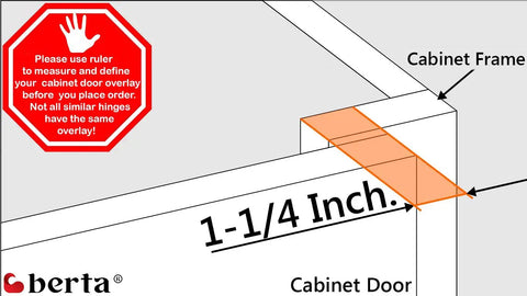 Diagram showing a 1-1/4 inch overlay measurement for Soft Closing One And A Quarter Inch Overlay Cabinet Hinges Ten Pack Concealed Face Frame Hinges