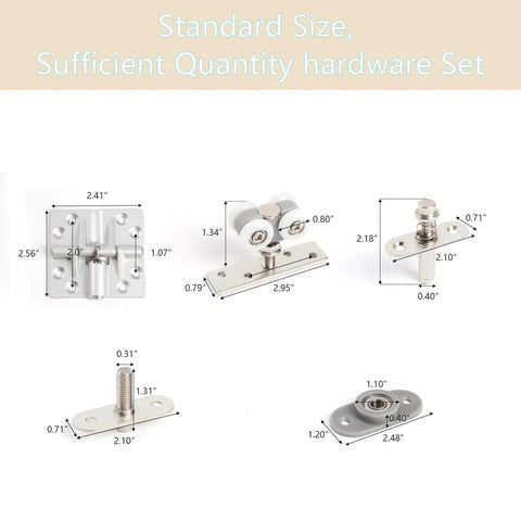 Bifold Door Hardware Kits components; includes top pivot, bottom pivot, two-wheel hanger, and dimensions for folding closet doors.