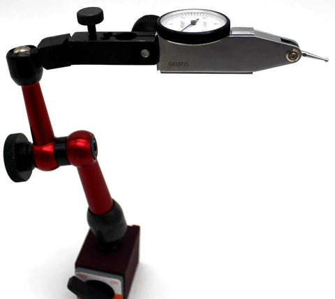 Mini Magnetic Base Indicator Holder With Fine Adjustment For Dial Indicators, 50 Lb Capacity, 3D Positioning, red and black, side view.