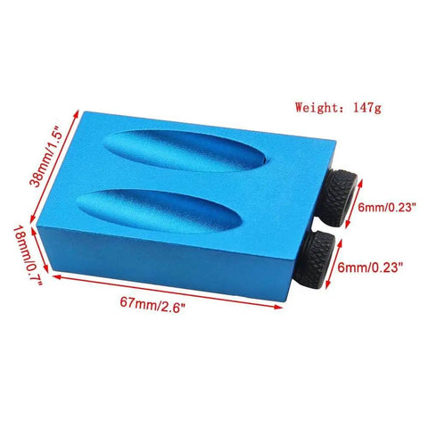 Front view of 14 Piece Pocket Hole Jig Set with 15 Degree Dowel Drill Joinery Kit and size measurements in millimeters.