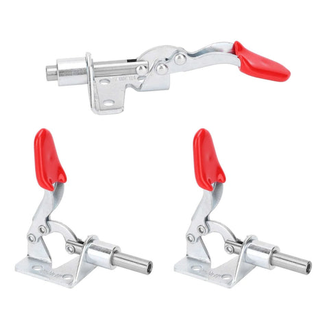 Pro Grade Heavy Duty Toggle Fixture Quick Release Tooling Clamp Set Three Piece For Woodworking Tables And Saw Boards Galvanized Iron Construction With M4x20 Indenter Screw And 190 Degree Vertical Manual Clamp