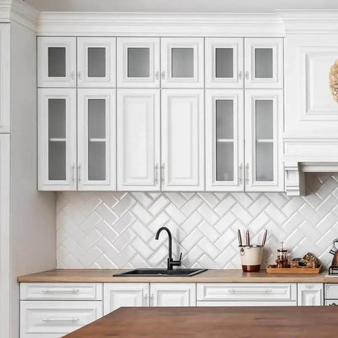 Modern kitchen with white cabinets featuring Brushed Nickel Cabinet Handles 25 Pack for Cabinets and Drawers 6-1/4 Inch Center to Center.