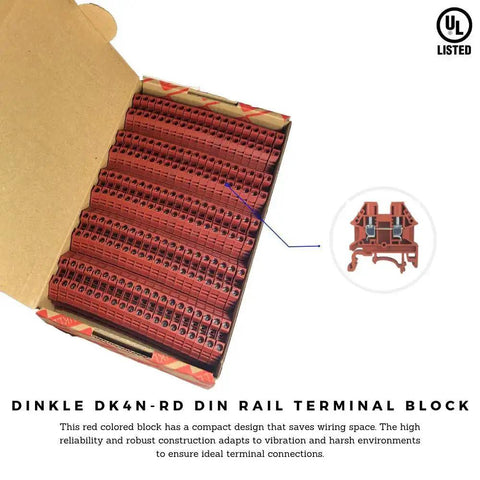 Box of red DIN rail terminal blocks UL 600V 30A 10 to 22 AWG for control panels and machinery wiring in harsh environments