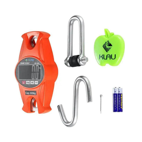 Orange Beefy Industrial Digital Scale 300 Kg 600 Lb SF-918 with LCD, hook, shackle, batteries, durable aluminum and stainless steel elements.