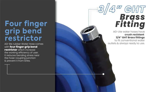 Ultra Lightweight Rubber Farm Hose For Ranch Work Three Quarter Inch By Fifteen Feet, 500 PSI with Brass GHT Fittings