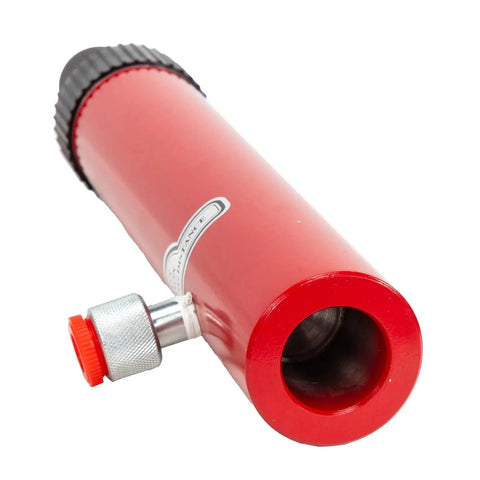 Close-up of 10 Ton Hydraulic Floor Jack Pump Portable Ram For Auto Body And Frame Repair showing red cylinder and valve.