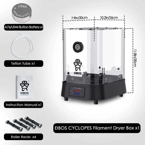 EIBOS Cyclopes Filament Dryer Box with fan, adjustable up to 70°C, humidity sensor, includes Teflon tube, instruction manual, battery, and rollers