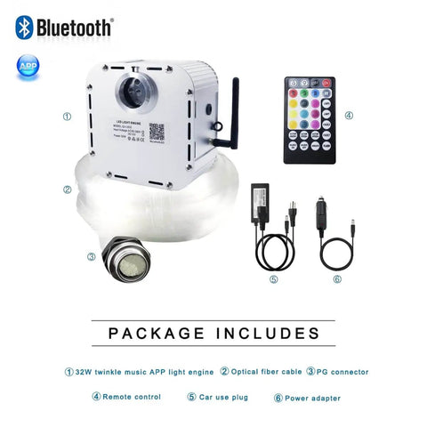 Package contents of 32W RGBW Twinkle Fiber Optic Lights Kit With Music Activated App Control Bluetooth Star Ceiling Sky Light