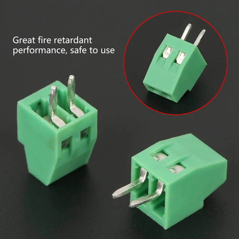 Multiple green 50 PCS 2 Pin 2.54mm Pitch PCB Screw Terminal Block Connectors Plastic Universal PCB Mount Assortment Kit for DIY projects.