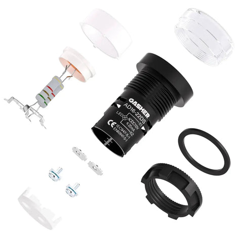 Disassembled Energy Saving LED Indicator Light Kit 12V 24V 110V 20mA Multi Color 22mm Mounting Hole components view