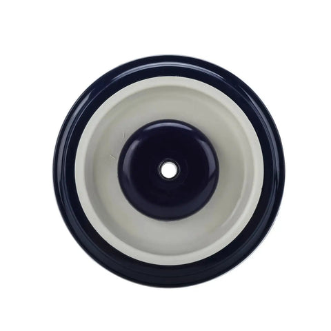 Close-up of one 5 inch heavy duty shopping cart replacement wheel, part of set of 4 stem casters with 0.3125 inch bore polyurethane wheels.