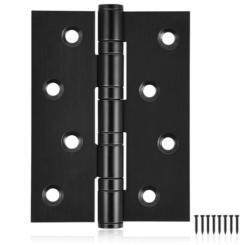 6 Pack Matte Black 4 Inch Stainless Steel Door Hinges With Ball Bearing, Heavy Duty Hinge Set, includes screws, shown flat view.