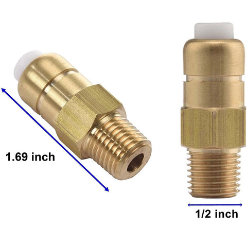 Brass thermal relief valves for pressure washer pump, 1/4 in NPT, 2-pack; side and front views with threaded ends.