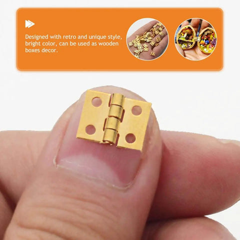Person holding a gold mini copper hinge for 30 Piece Mini Copper Hinges for Tiny Wooden Boxes Jewelry Boxes and DIY Projects 8x10 mm.