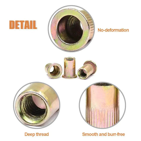 100Pcs M8 Rivet Nuts Kit Zinc Plated Carbon Steel Flat Head Threaded Inserts detail showing deep thread and smooth surface