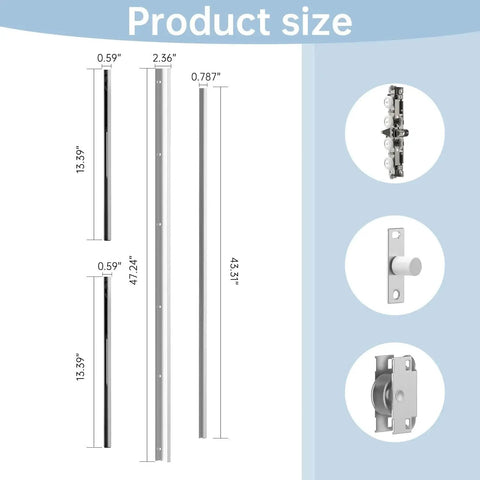 Heavy Duty Hidden Sliding Barn Door Hardware And Track For 30 To 47 Inch Doors, product size diagram with track and components.