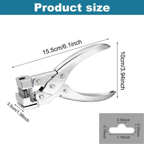 Heavy Duty T Slot Hole Punch Handheld Cutter For Tags Badges And ID Cards, silver zinc alloy, product dimensions shown