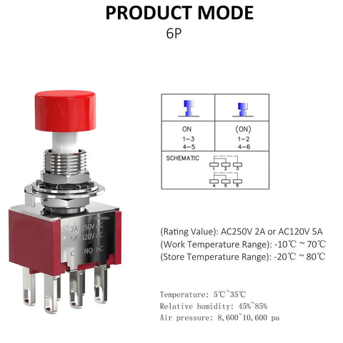 6 Pin Momentary Push Button Switch NO NC With Red Cap 3 Pack, AC 120V 5A or 250V 2A, durable plastic and metal construction