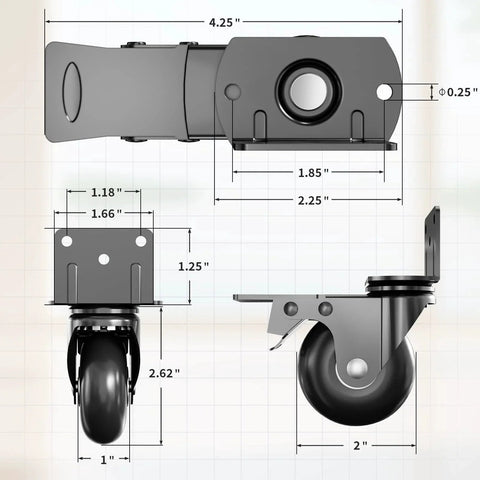 Technical diagram of side mount plate caster wheels set of 4 with brakes, heavy duty 800 lbs capacity, 360 degree swivel, locking wheels.