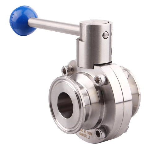 Sanitary tri-clamp butterfly valve, 1.5 inch, stainless steel 304, pull-handle with blue knob.