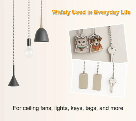 120 Inch Ceiling Fan Pull Chain Extender With Stainless Steel Ball Chain 12 Connectors, shown with various attachments and uses.